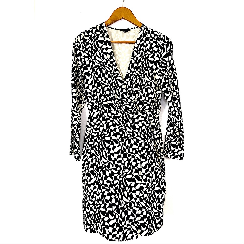 RAOUL Silk Mini Geometric Black White Abstract Print Dress Wrap Style
